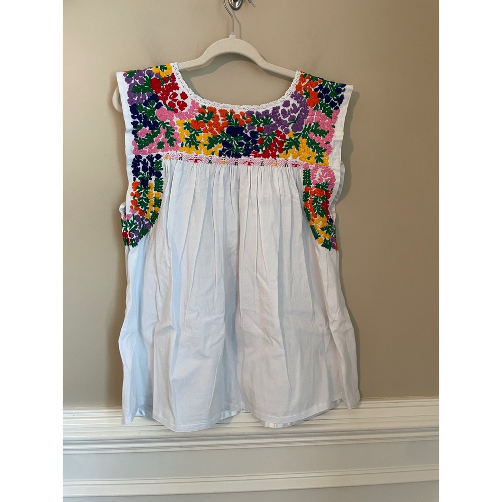 Mi Golondrina Flores Classic Embroidered Blouse Mexico White Floral Bird Size L - Picture 2 of 6